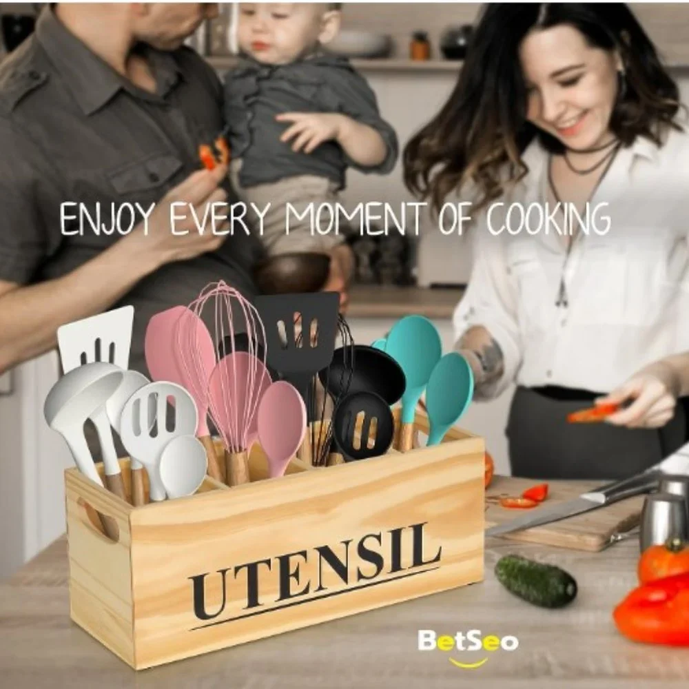 XL - Pine Wood Kitchen Cooking Utensil Holder - 4 Removable Compartments